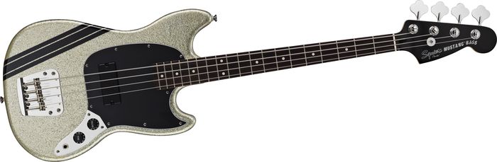 Squier Mikey Way Signature Mustang Electric Bass Guitar Silver Sparkle With Black Racing Stripe Rosewood Fretboard
