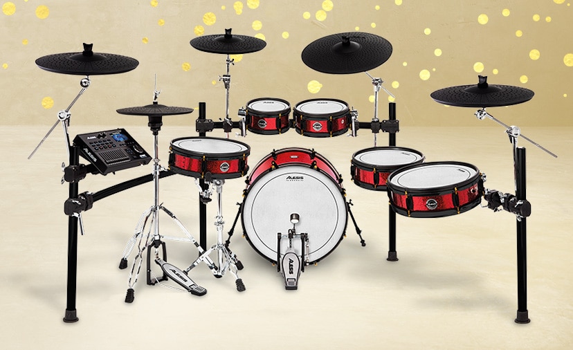 Kick It Up a Notch. Alesis Strike Pro S.E. e-kit with full-sized bass drum and acoustic feel.