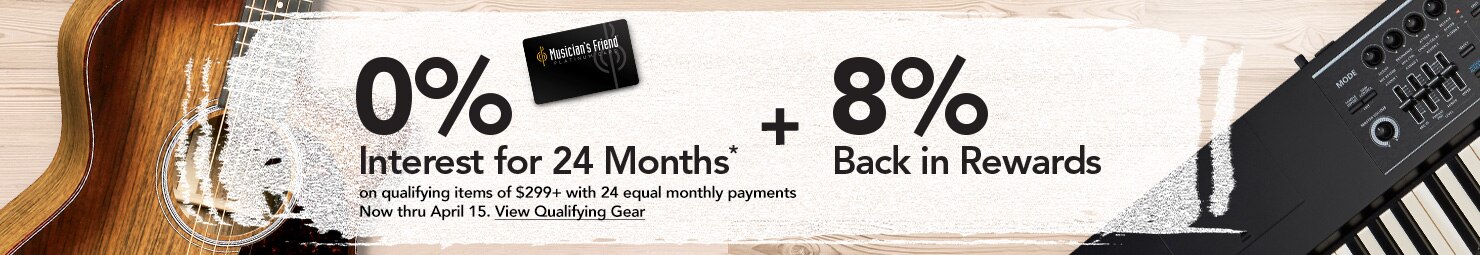Zero percent interest for 24 months plus 8 percent back in rewards on qualifying items of 299 dollars with 24 equal monthly payments now through April 15 View qualifying gear
