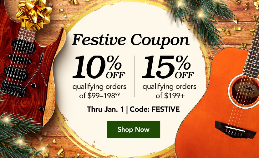Festive Coupon. 10 percent off qualifying orders of 99 - 198 99 dollars. 15 percent off qualifying orders of 199 plus dollars. - Thru January 1. Code FESTIVE - Shop Now
