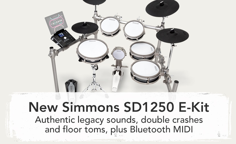 New Simmons SD1250 E-Kit. Authentic legacy sounds, double crashes and floor toms, plus Bluetooth MIDI. Shop now