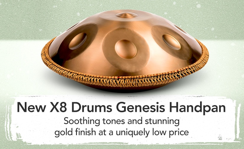 New X8 Drums Genesis Handpan. Soothing tones and stunning gold finish at a uniquely low price. Shop Now