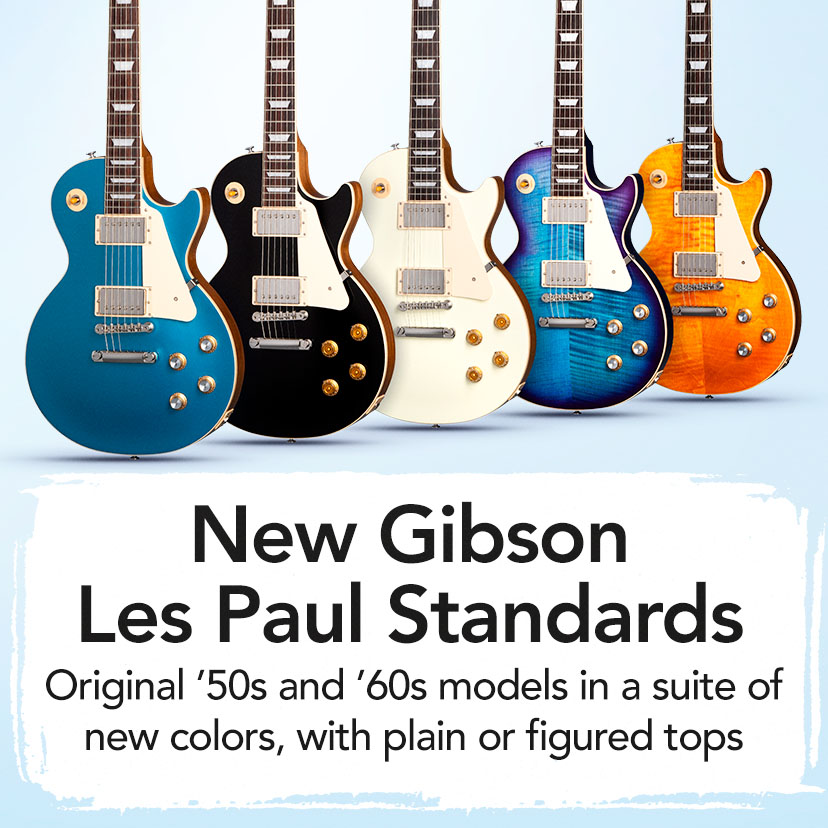 New Gibson Les Paul Standards. Original ’50s and ’60s models in a suite of new colors, with plain or figured tops. Shop Now