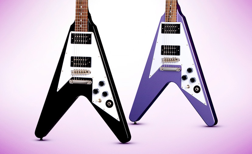 New Kirk Hammett 1979 Flying V. Epiphone's take on the classic Gibson, now also available in a rare purple finish. Shop Now 