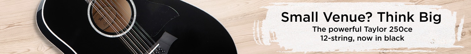 Small Venue? Think Big. The powerful Taylor 250ce 12-string, now in black