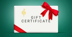 Wrapped gift certificate with red bow and the treble clef logo of Musicians Friend