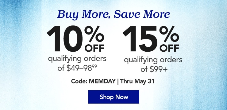 Ten percent off qualifying orders of forty nine and above. Fifteen percent off qualifying orders of ninety nine plus  Code: M.E.M.D.A.Y.