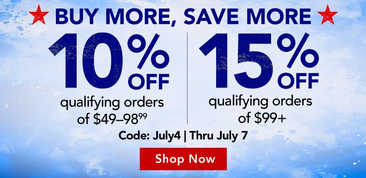 Fourth of July Coupon. Up to fifteen percent off qualifying orders of ninety nine plus dollars plus. Code: july4. Thru July seven. Shop Now