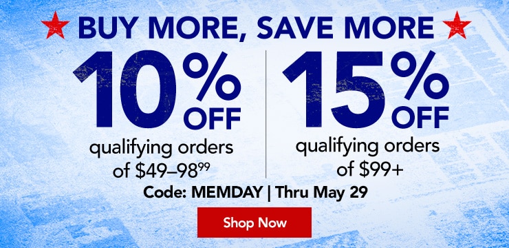 Ten percent off qualifying orders of forty nine and above. Fifteen percent off qualifying orders of ninety nine plus  Code: M.E.M.D.A.Y.