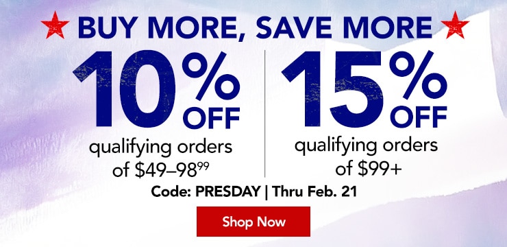 Presidents Day Coupon. Up to fifteen percent off qualifying orders over ninety nine dollars. Code presday