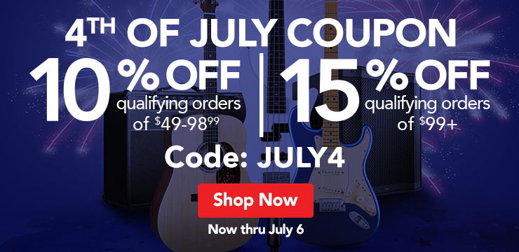 Fourth of July coupon. Up to fifteen percent off orders of ninety nine dollars and above. Code J.U.L.Y.four