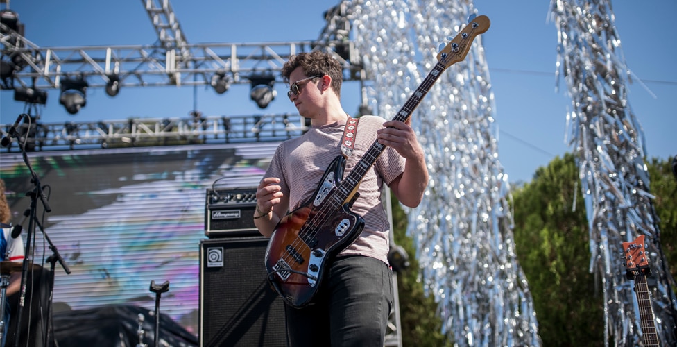 Frankie and the Witch Fingers' Alex Bulli on-stage at Desert Daze 2017 with his Fender Jaguar Bass.