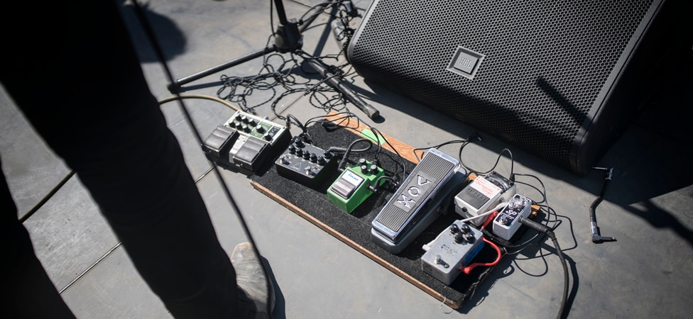 Josh's pedal board on-stage at Desert Daze