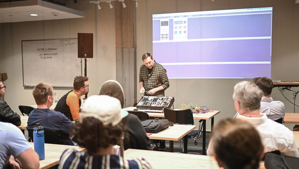 Kim Bjorn teaching a synthesis workshop at Moogfest 2019